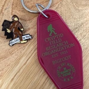 Handmade Cryptid BIGFOOT keychain & Bigfoot enamel lapel pin set
